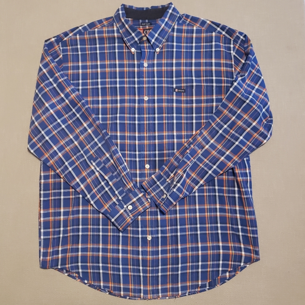 CHAPS Easy Care Blue/white Plaid Button Down Shirt